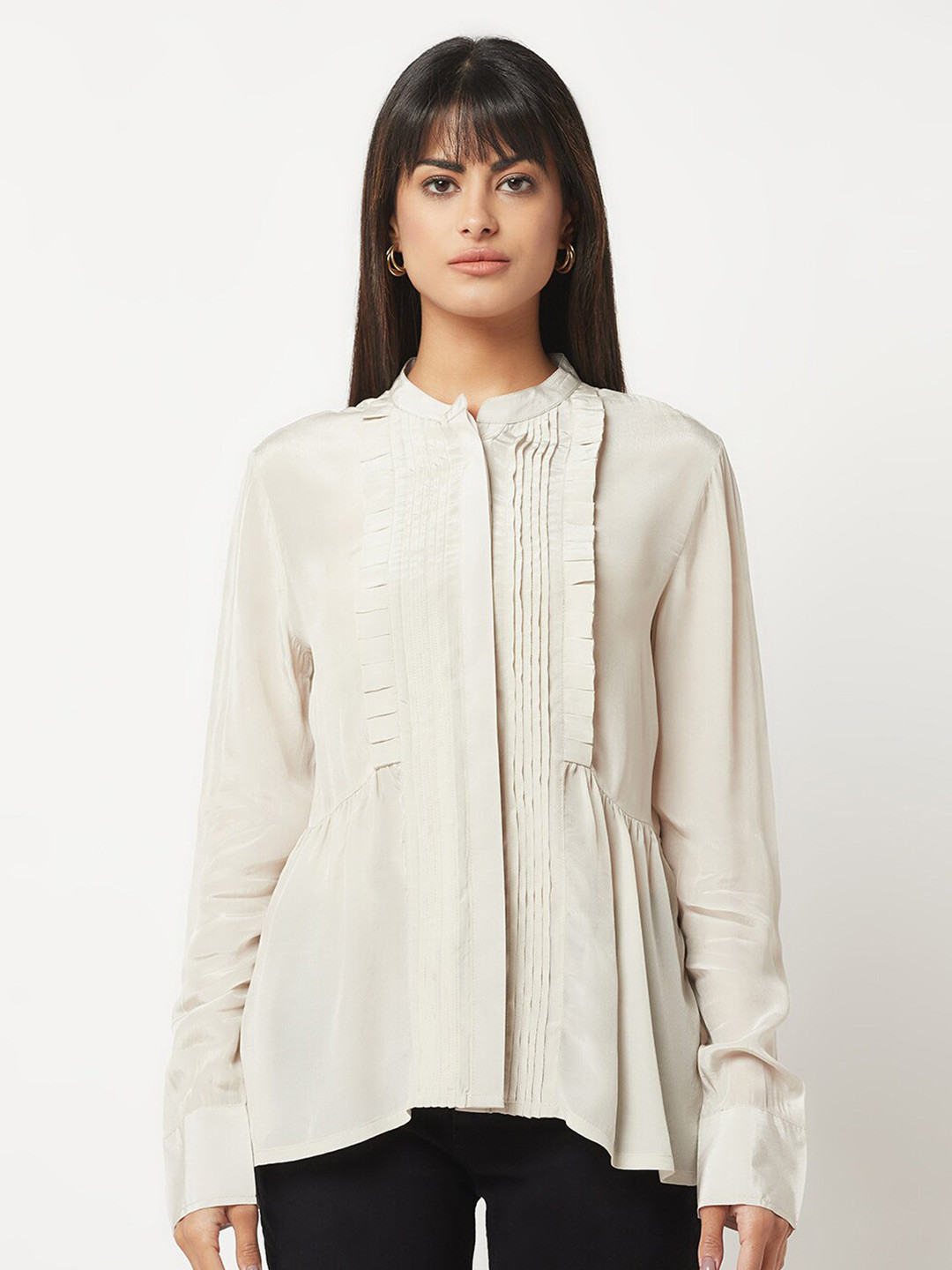 HOUSE OF S Mandarin Collar Silk Casual Shirt