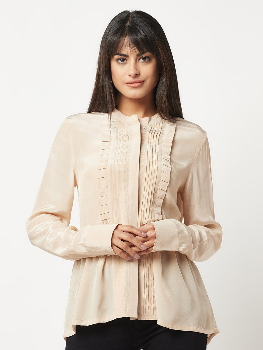 HOUSE OF S Mandarin Collar Silk Casual Shirt