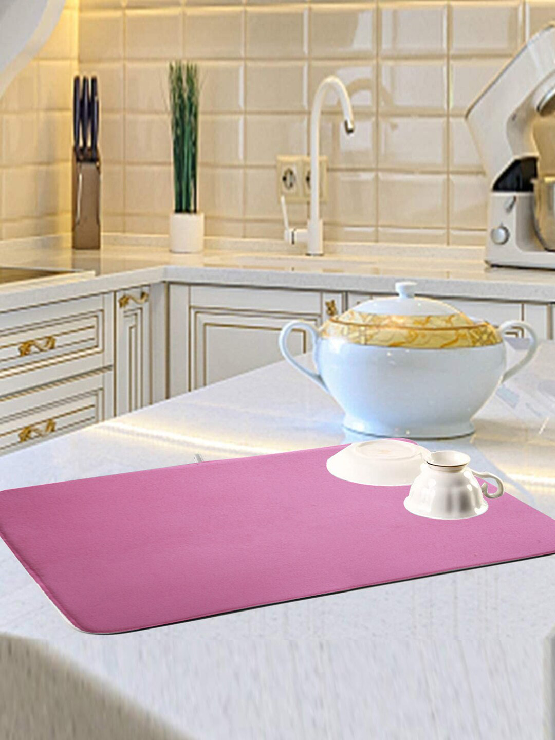 Kuber Industries Pink 3 Pieces Microfiber Reversible Water Absorption Dish Drying Mats