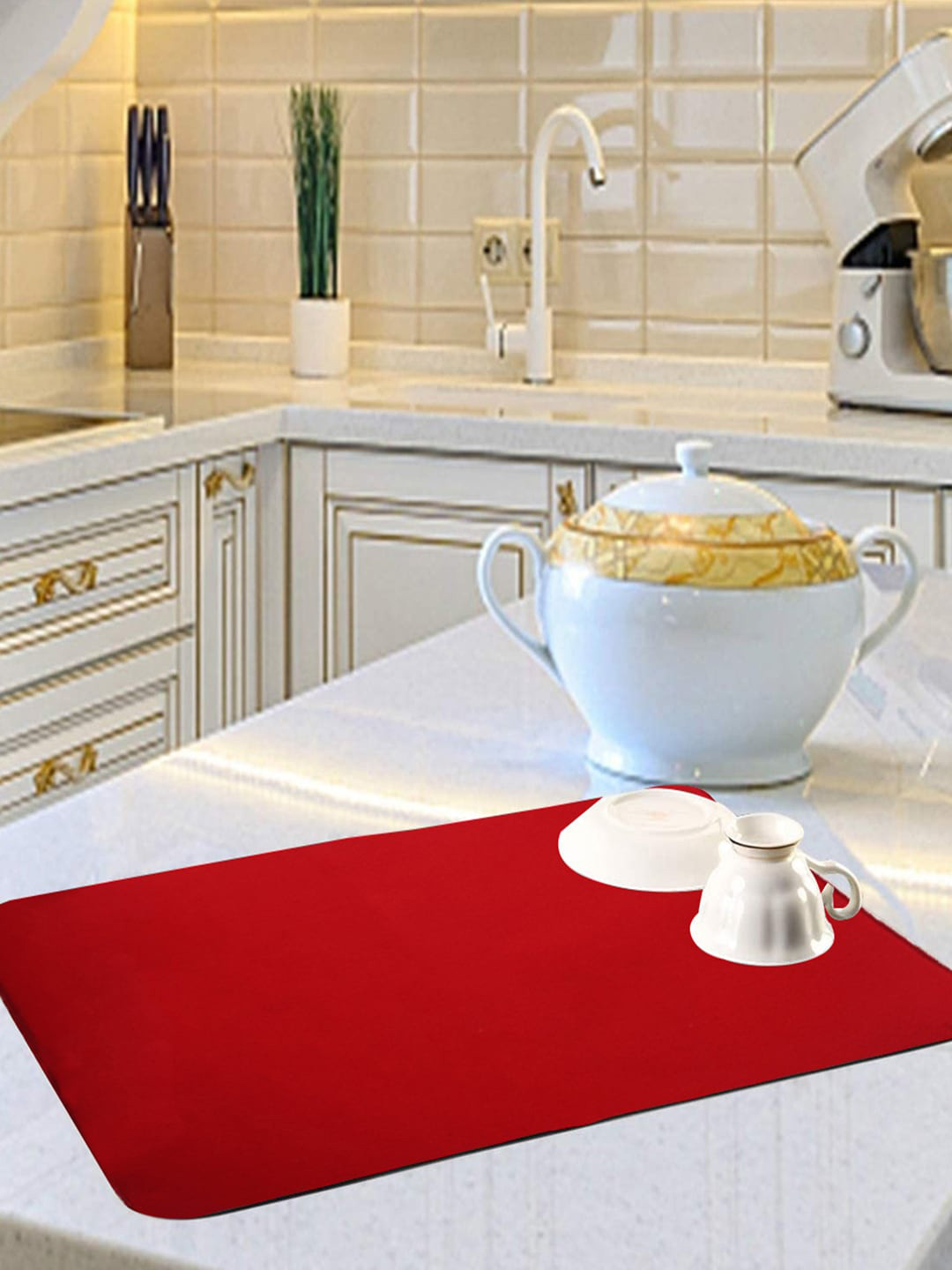Kuber Industries Red 2 Pieces Microfiber Reversible Water Absorption Dish Drying Mats