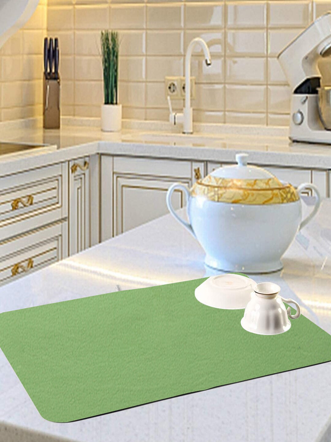 Kuber Industries Green 3 Pieces Microfiber Reversible Water Absorption Dish Drying Mats