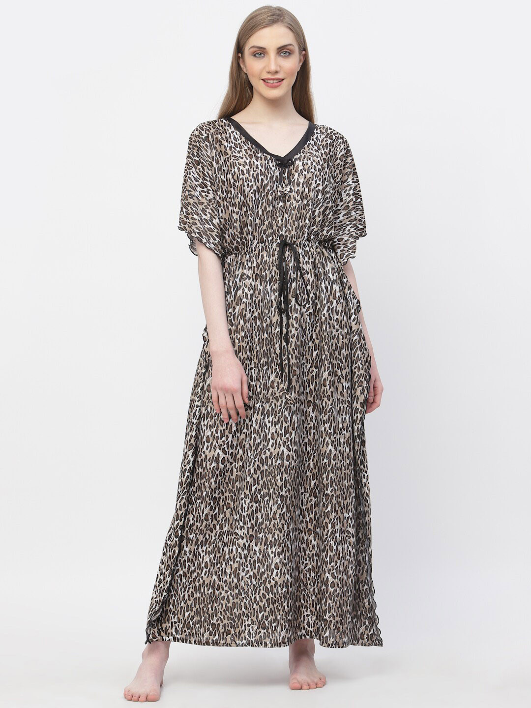 Arrabi Animal Printed V-Neck Lace-Up Kaftan Nightdress