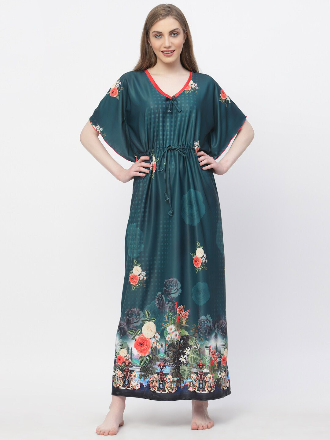 Arrabi V-Neck Floral Satin Maxi Kaftan Nightdress