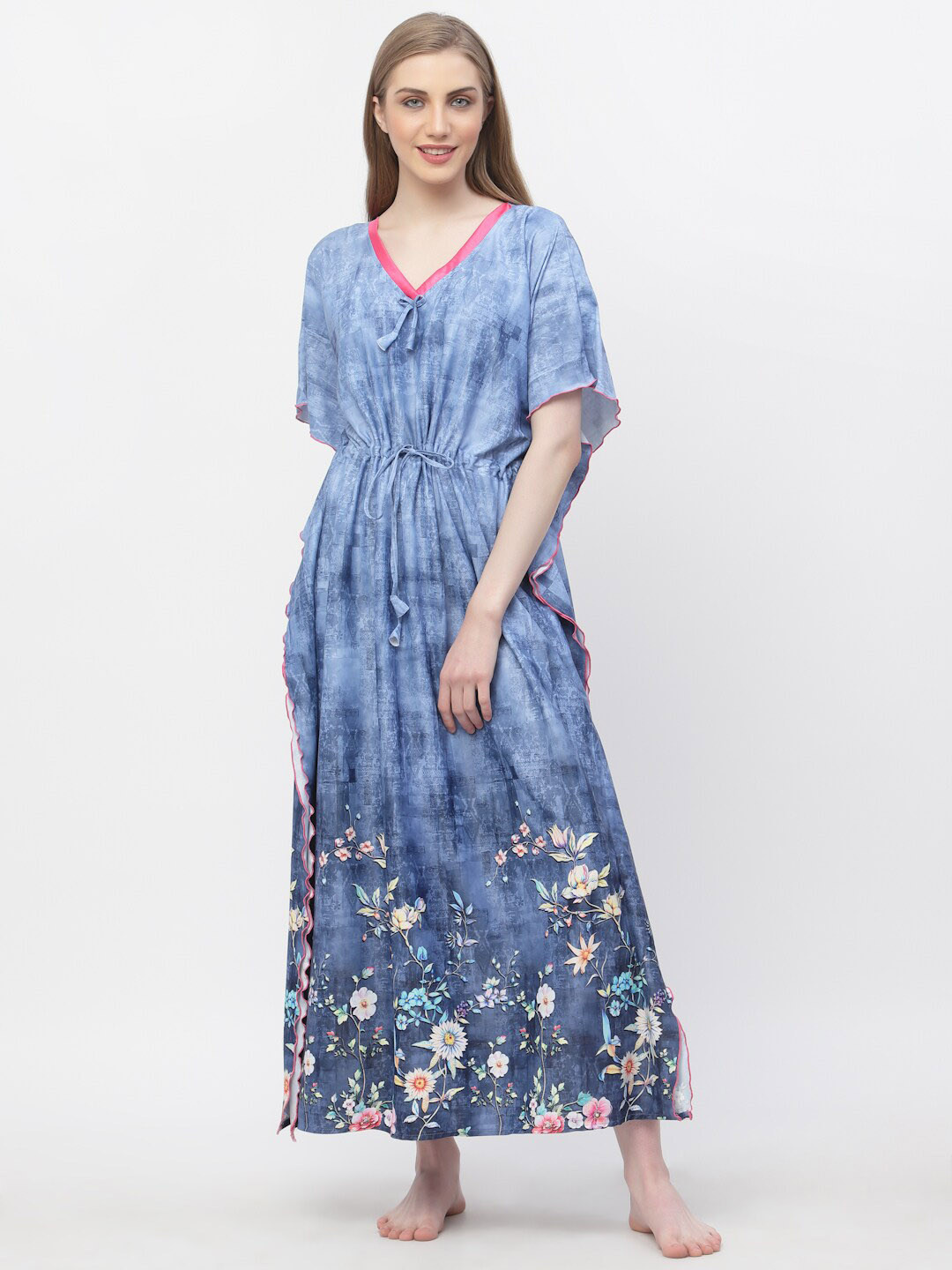 Arrabi V-Neck Floral Printed Satin Kaftan Nightdress