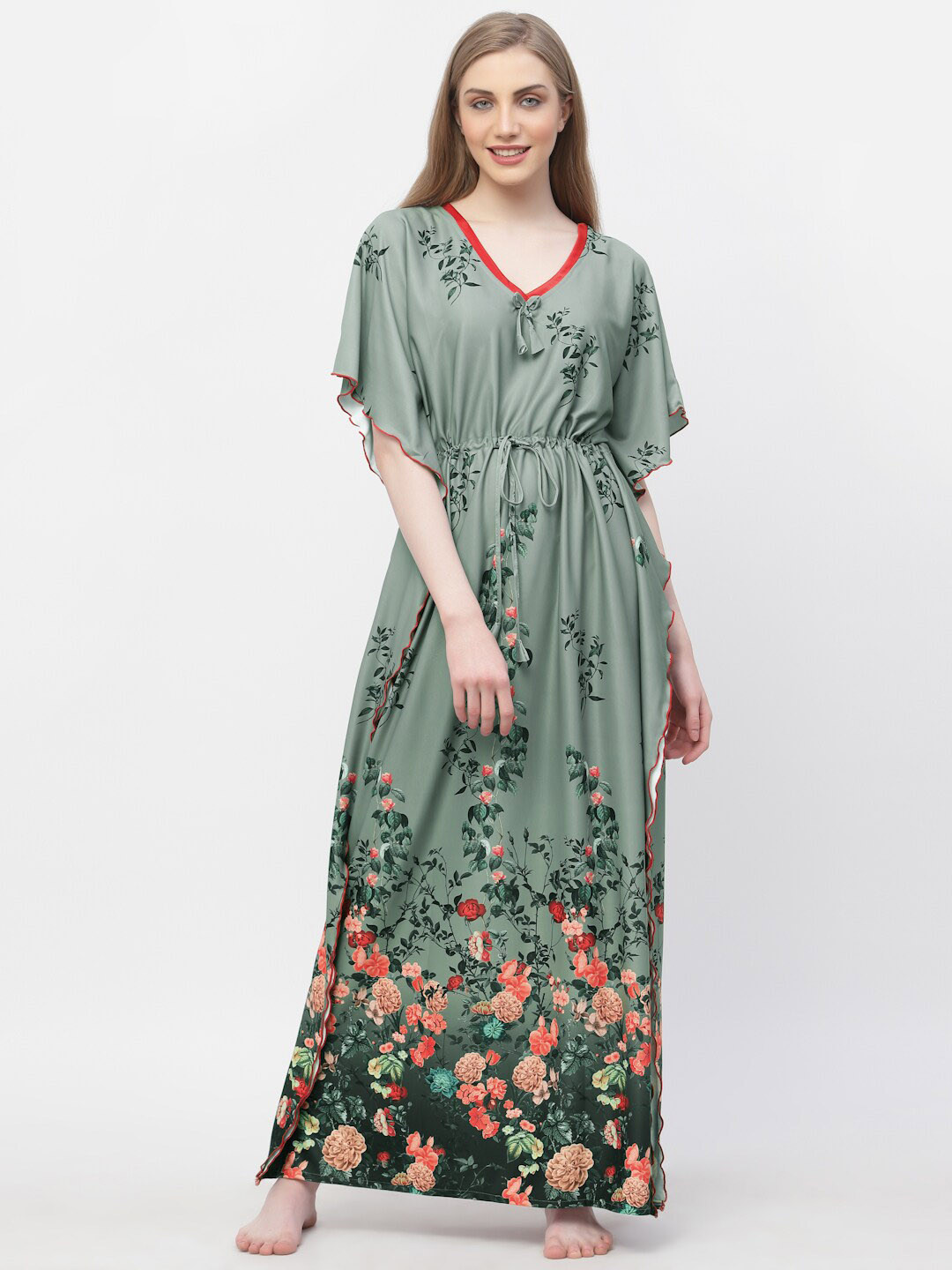 Arrabi Floral Printed Satin Maxi Kaftan Nightdress
