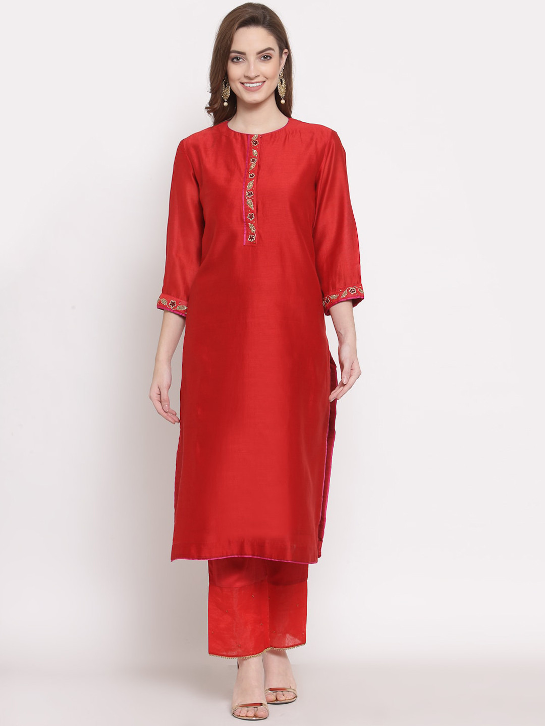 DART STUDIO Round Neck Straight Regular Chanderi Silk Kurta