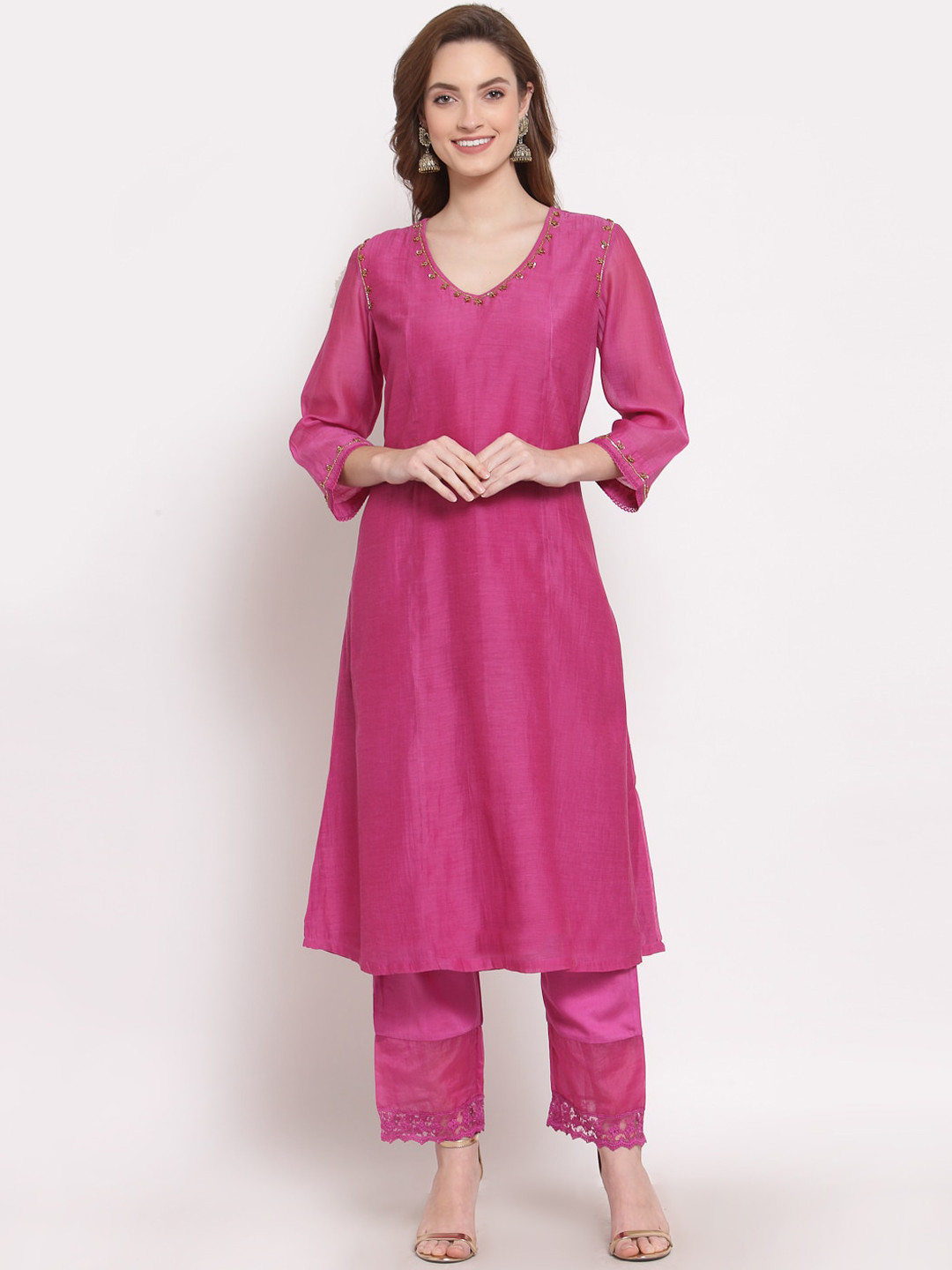 DART STUDIO V Neck Beads & Stones Chanderi Silk Kurta