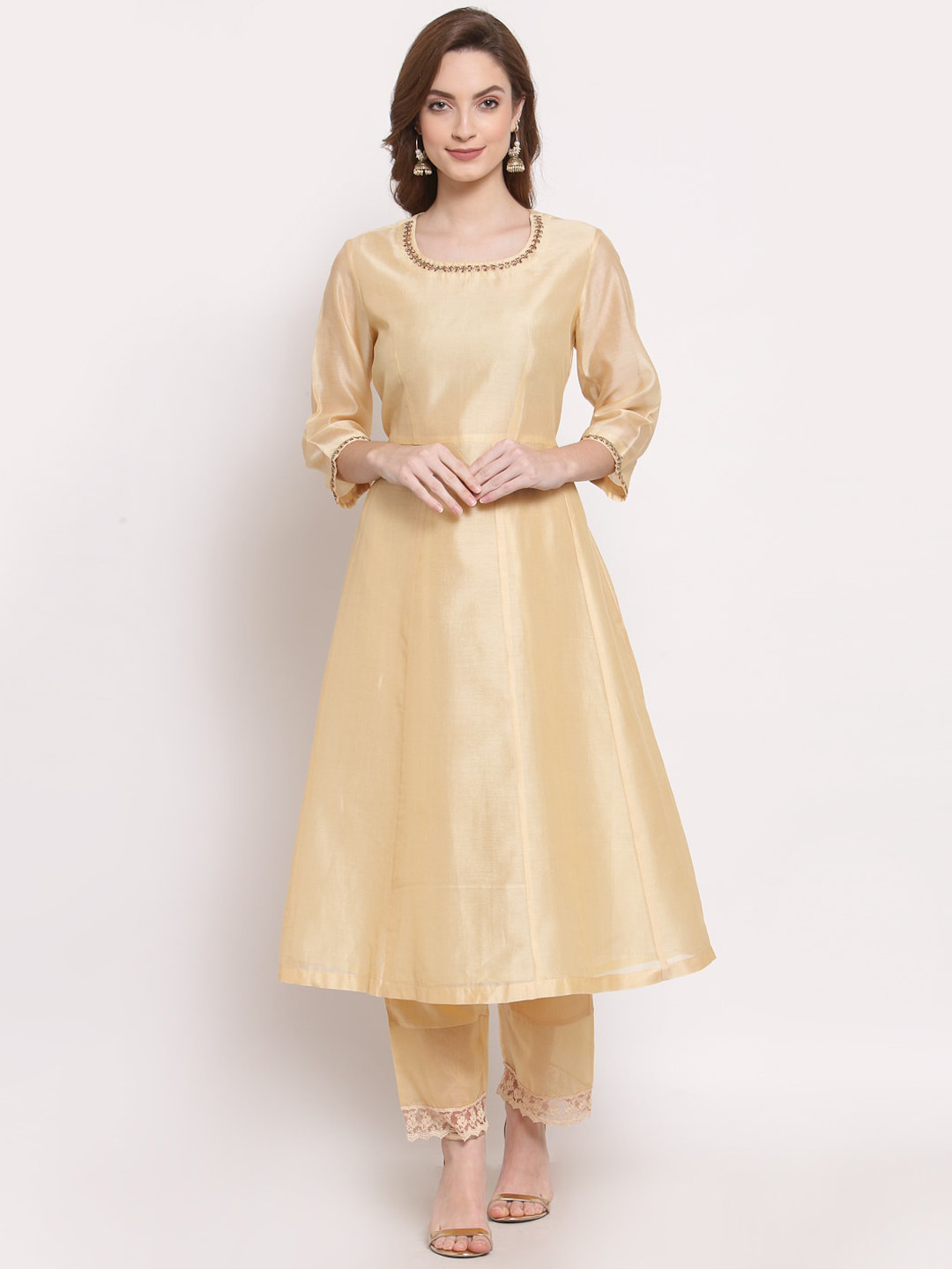 DART STUDIO Round Neck Thread Work Chanderi Silk Anarkali Kurta