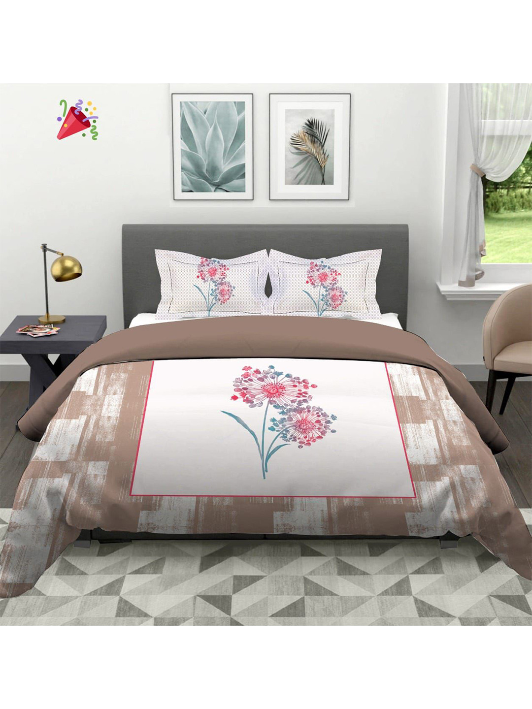 Bajo's Beige Floral Cotton 220 TC Queen Fine Bedsheet with 2 Pillow Covers-89 x 98 inches