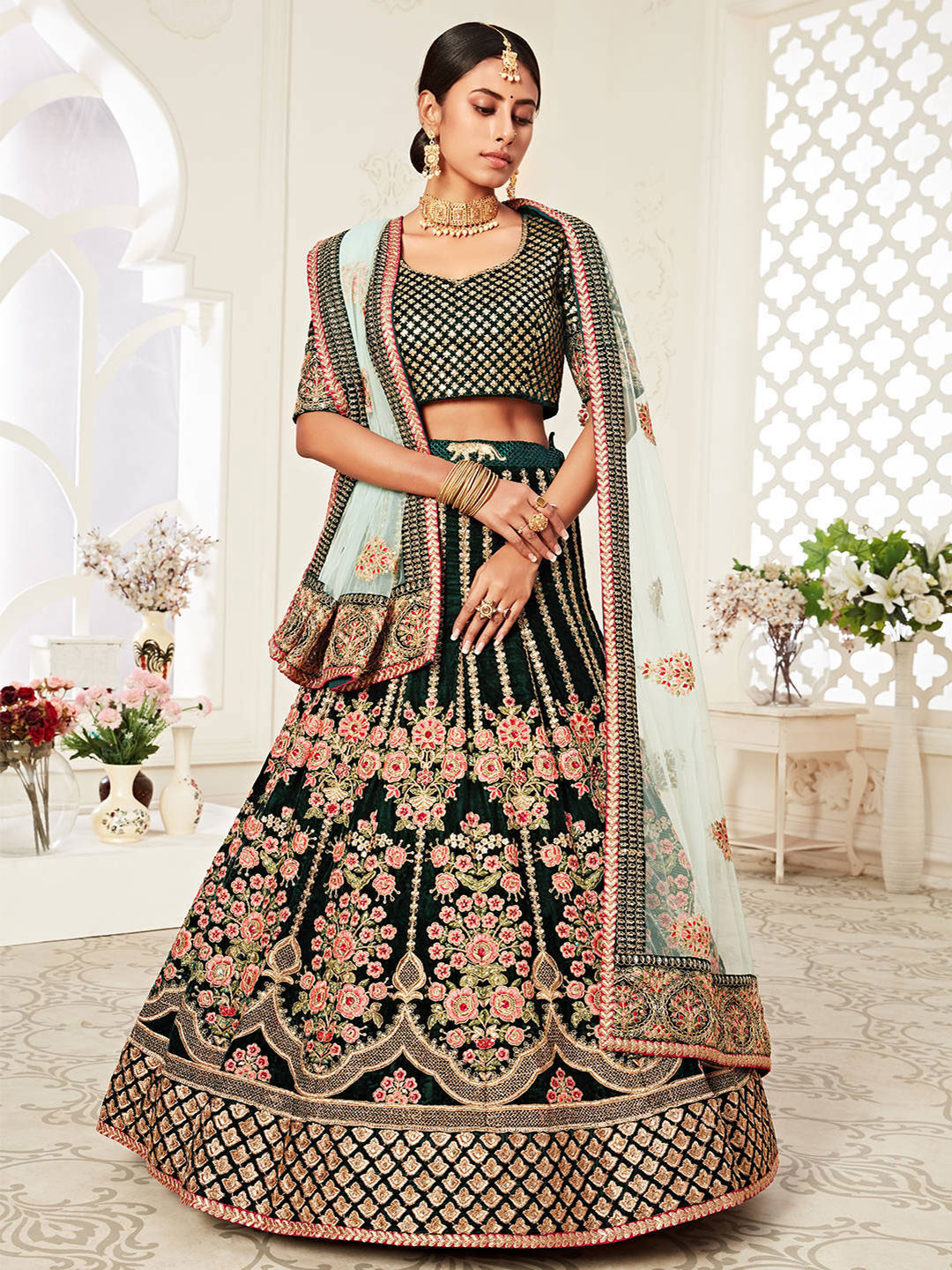 FABPIXEL Embroidered Sequinned Semi-Stitched Velvet Lehenga Choli With Dupatta