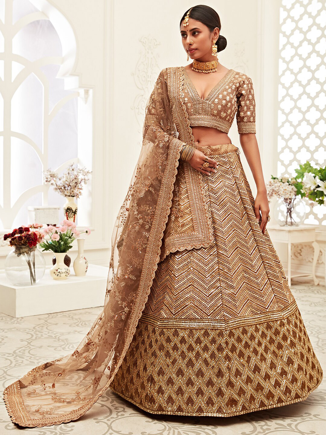 FABPIXEL Embroidered Sequinned Kalamkari Semi-Stitched Silk Lehenga Choli With Dupatta