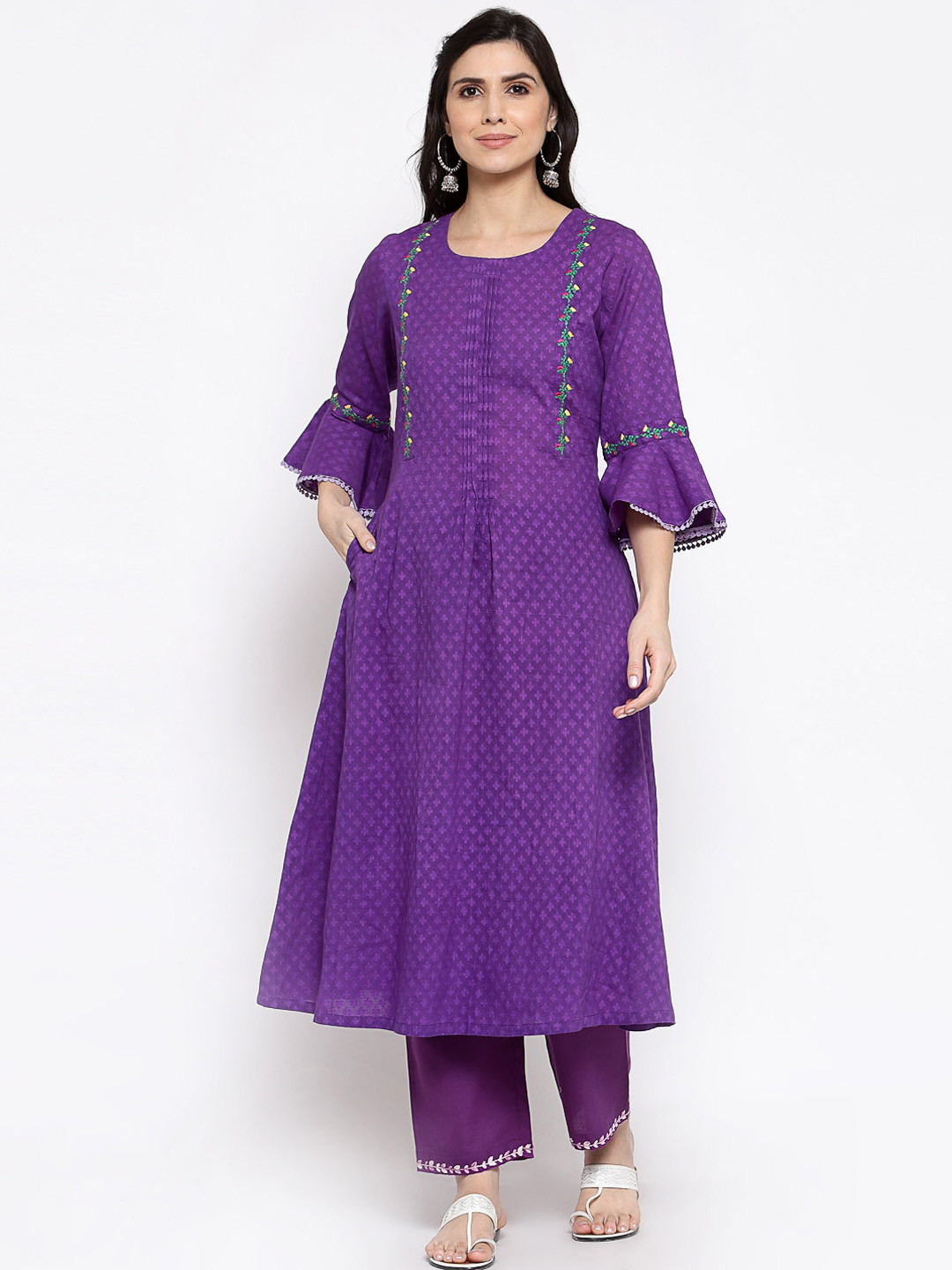DART STUDIO Floral Printed Bell Sleeves Pleated A-Line Pure Cotton Kurta