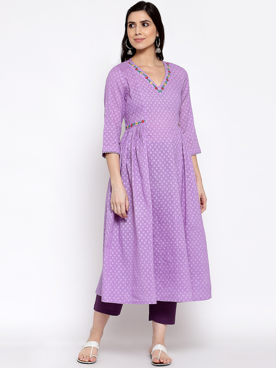 DART STUDIO Floral Printed Thread Work Pure Cotton A-Line Kurta
