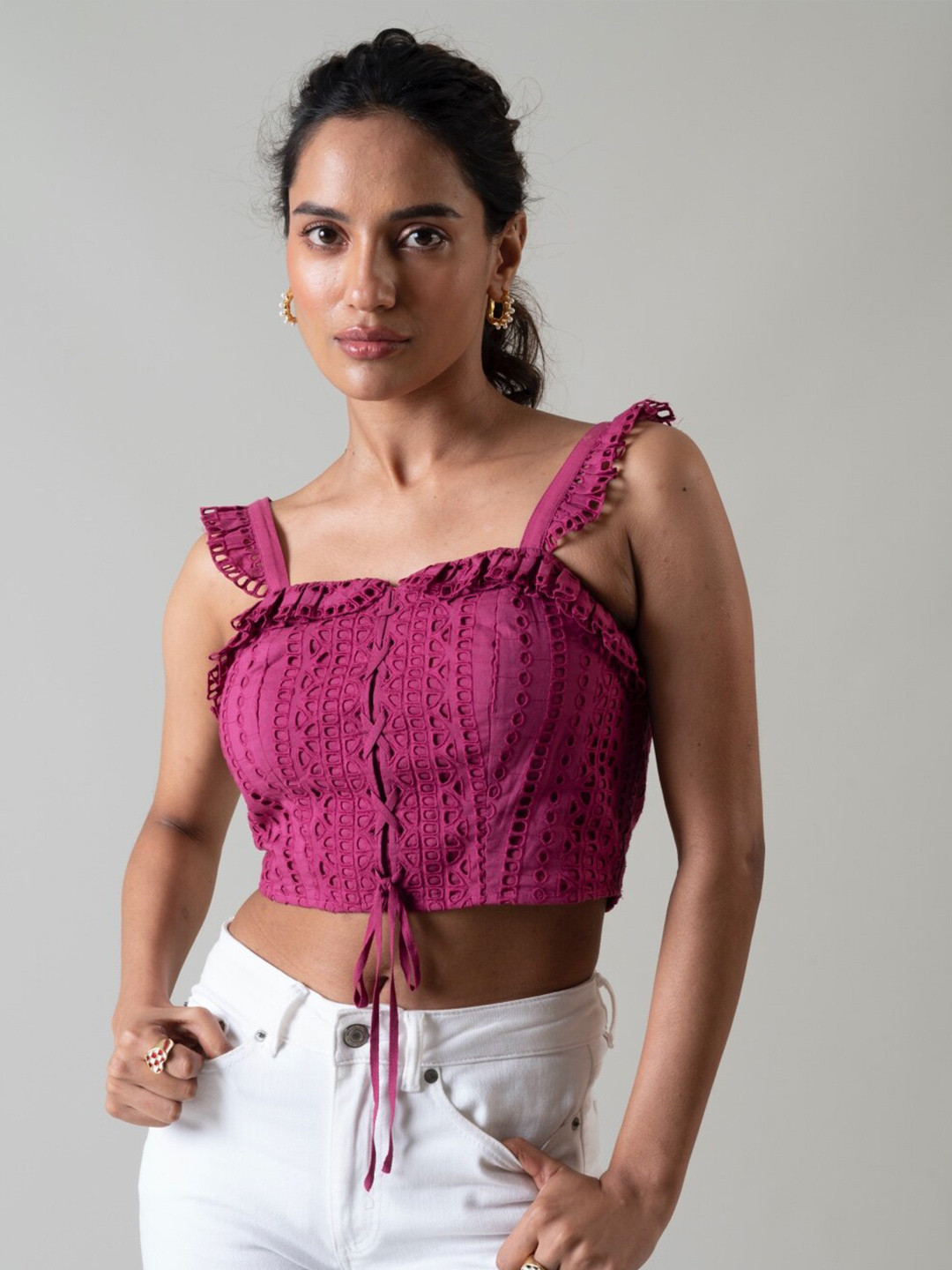 Style Island Self Design Flutter Sleeves Schiffli Crop Top