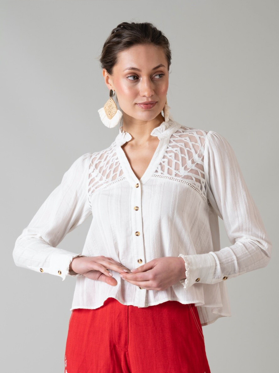 Style Island Mandarin Collar Cotton Shirt Style Top