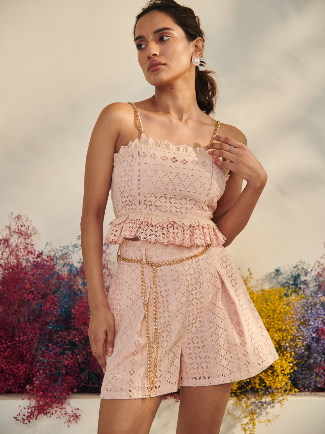 Style Island Shoulder Strap Schiffli Crop Top And Shorts