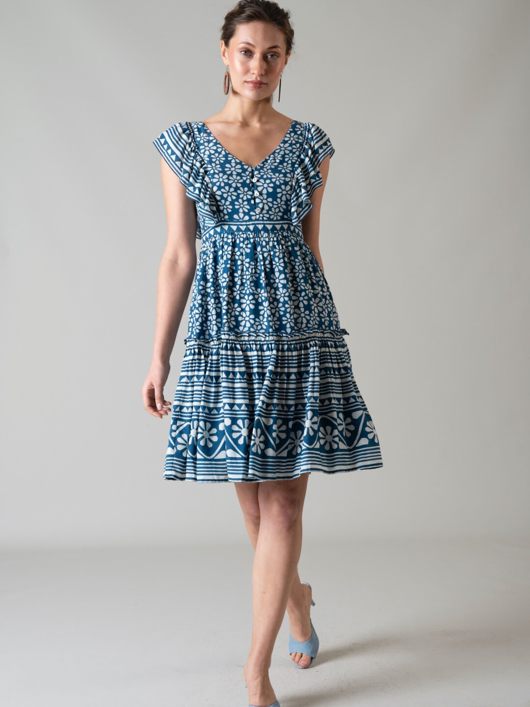 Style Island Floral Printed V-Neck Flutter Sleeves Fit & Flare Dress