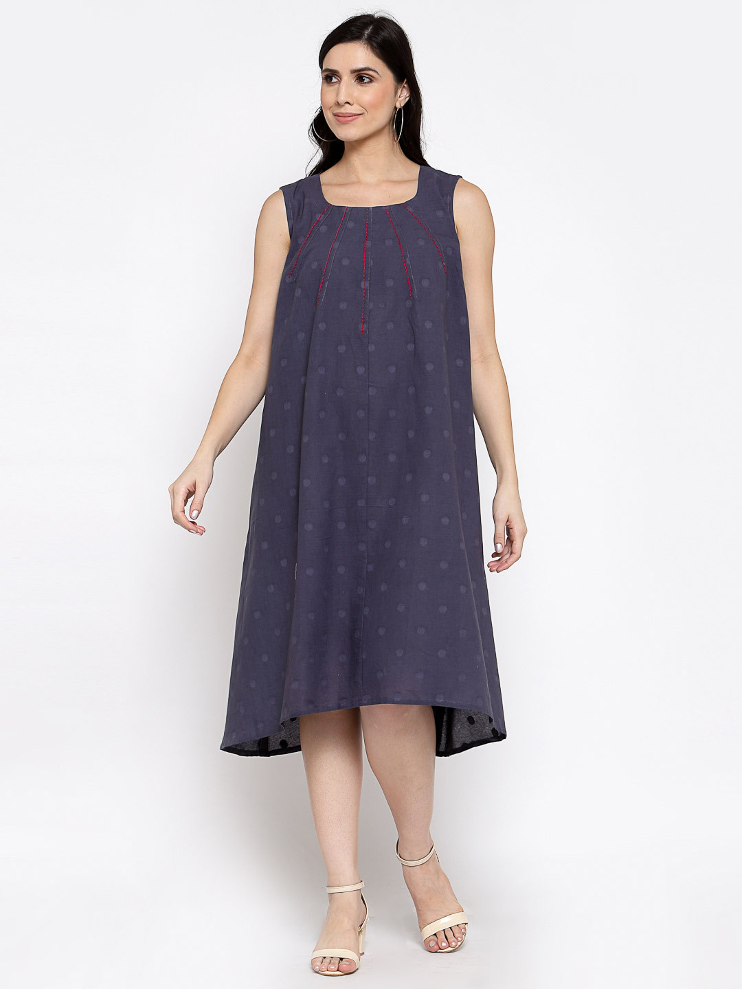 DART STUDIO Polka Dots Printed High-Low Cotton A-Line Dress