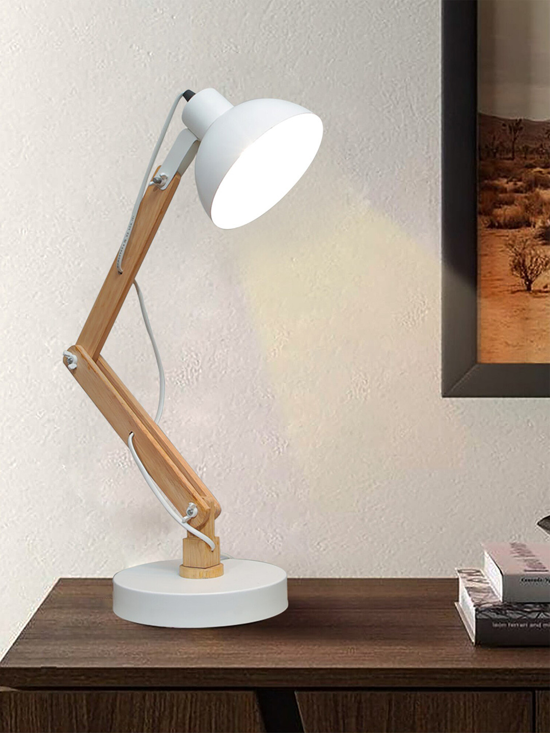 Homesake White & Brown Multi-Joint Swing Arm Finish Wood & Metal Desk Lamp