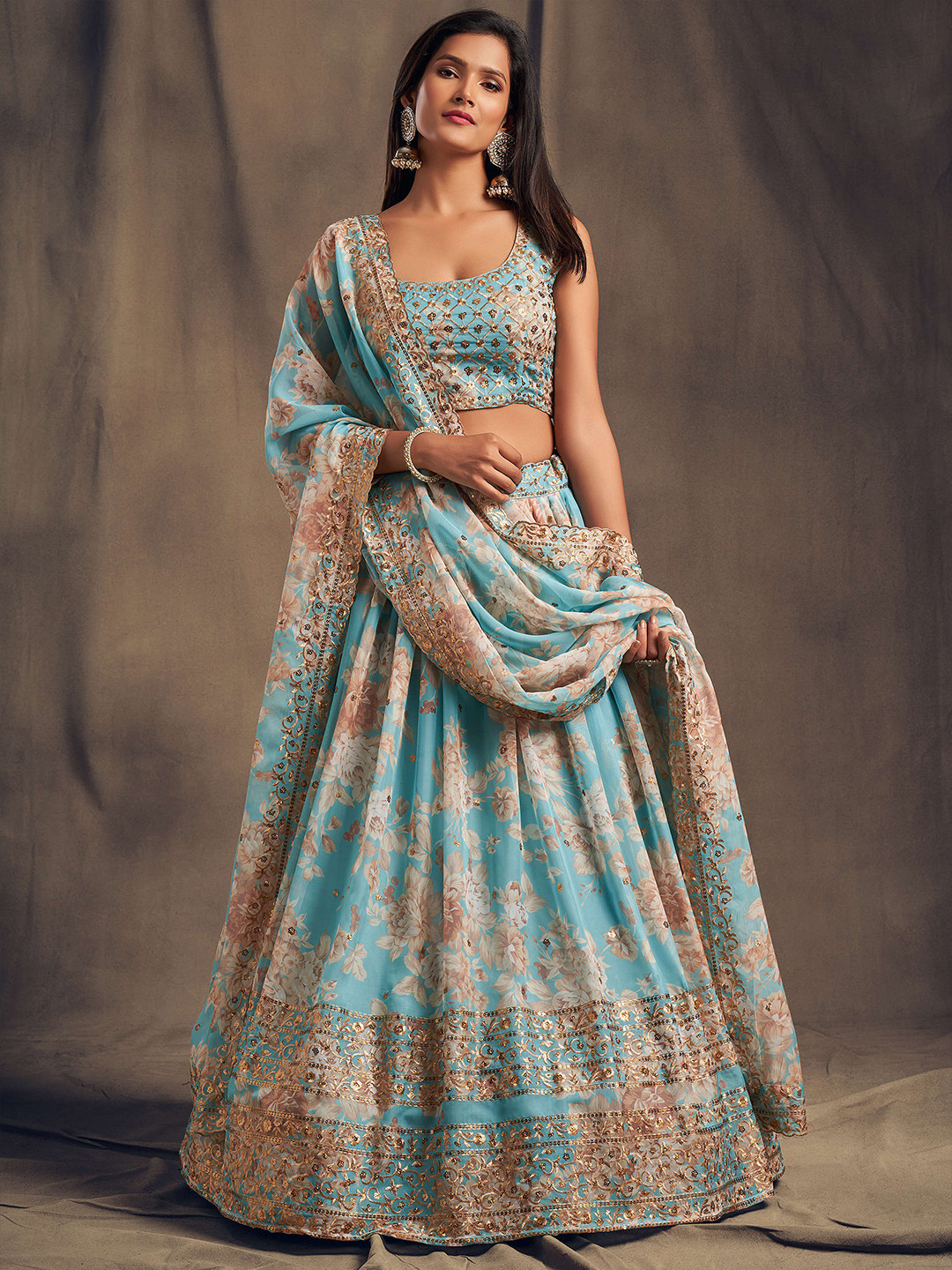 FABPIXEL Floral Printed Thread Work Shibori Semi-Stitched Lehenga Choli With Dupatta
