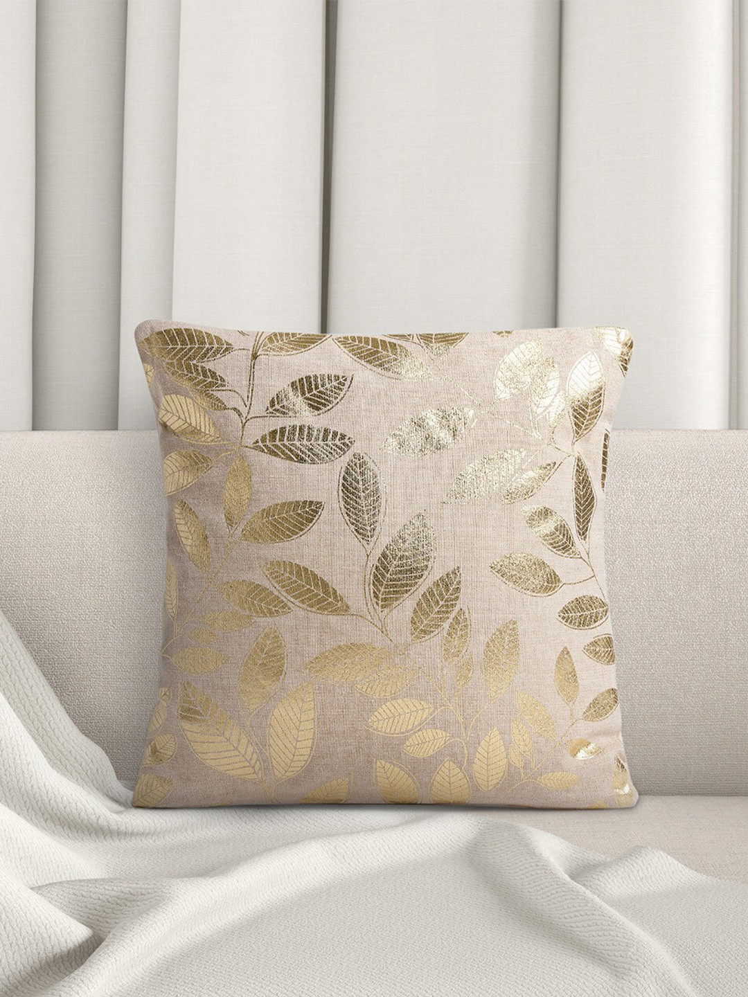 Living scapes by Pantaloons Beige Floral Cotton Square Cushion Cover -15.7x15.7In