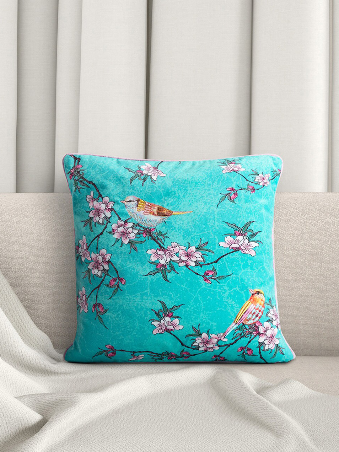 Living scapes by Pantaloons Blue & Pink Floral Square Cushion Cover