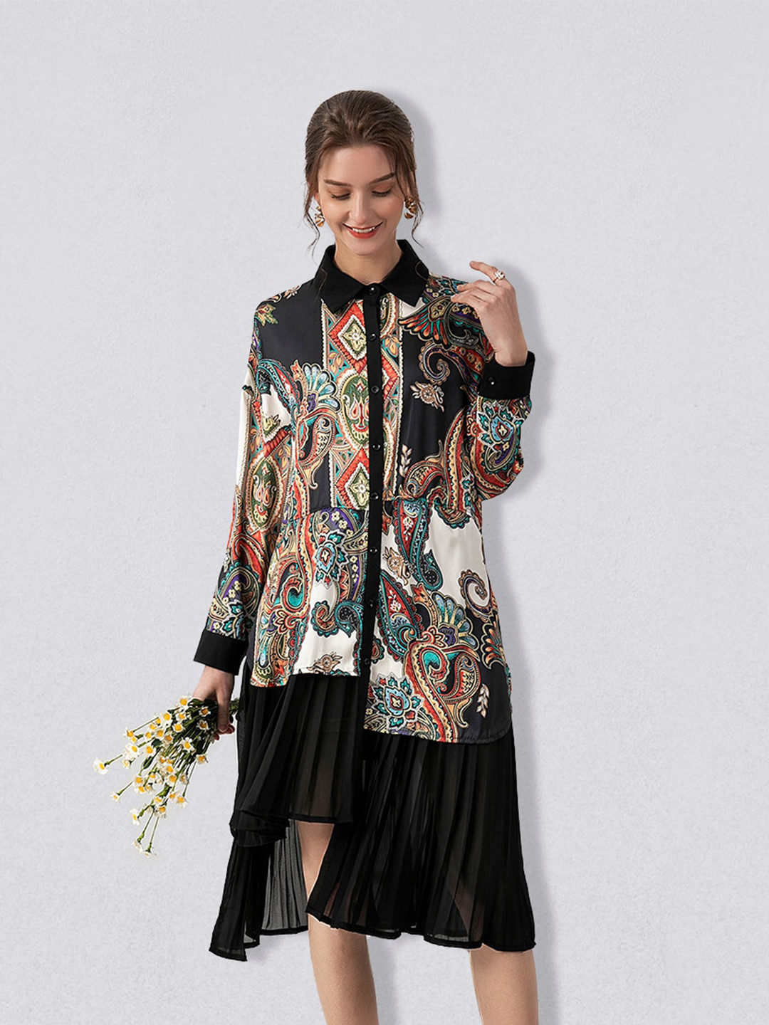 JC Collection Paisley Asymmetrical Hem Shirt Midi Dress
