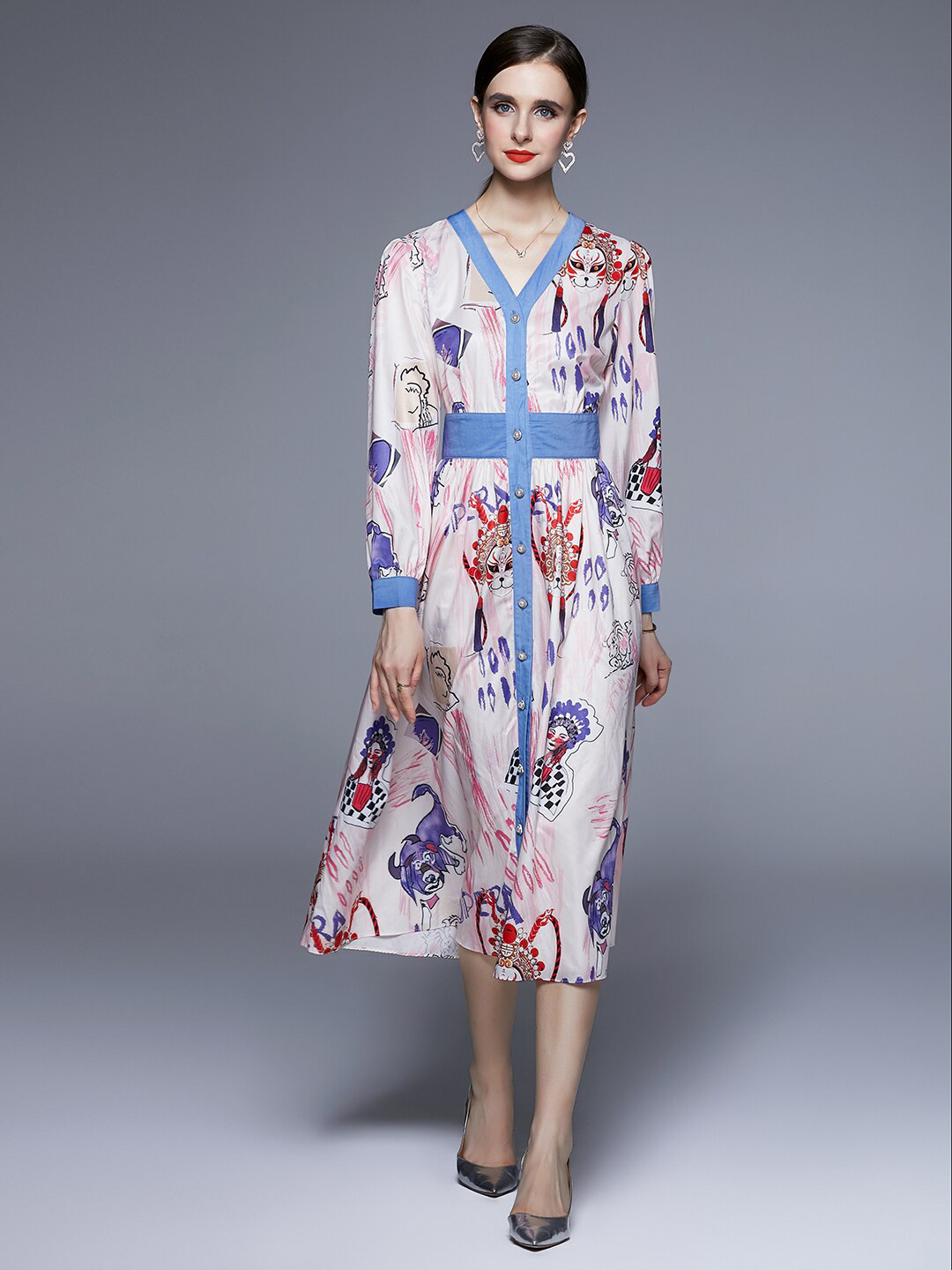 JC Collection Abstract Long Sleeve Belted Fit & Flare Midi Dress