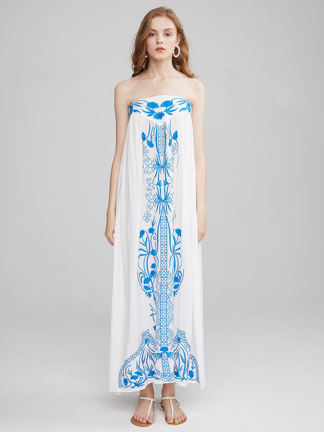 JC Collection Floral Embroidered Strapless Smocked Maxi Dress
