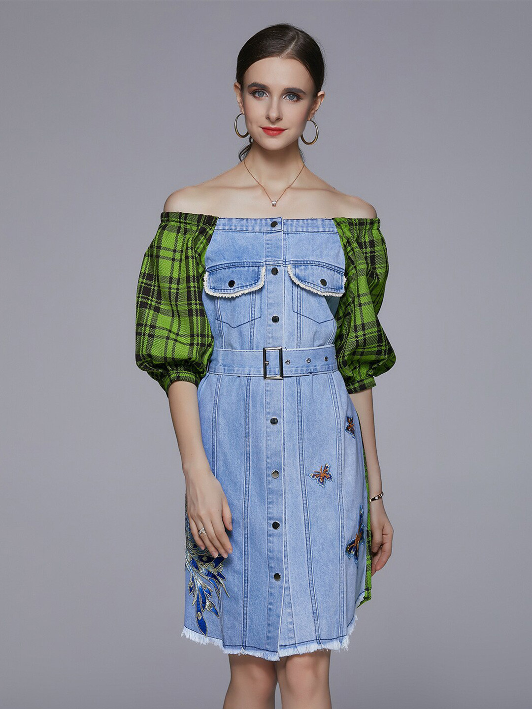 JC Collection Checked Off-Shoulder Belted A-Line Mini Dress