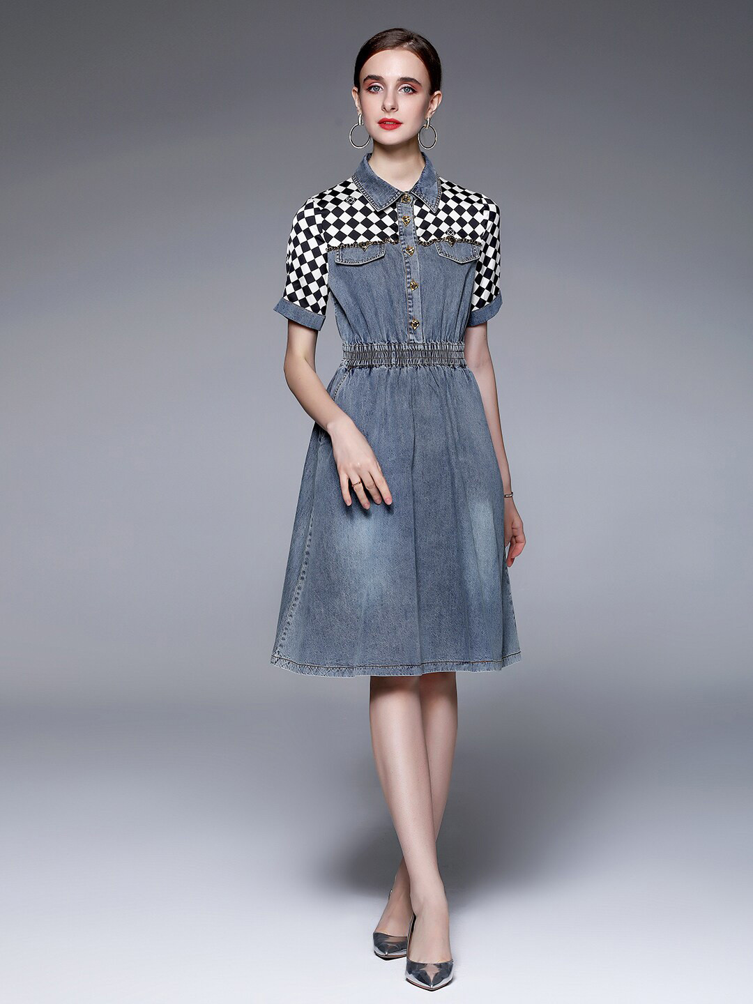 JC Collection Checked Shirt Collar Fit & Flare Dress