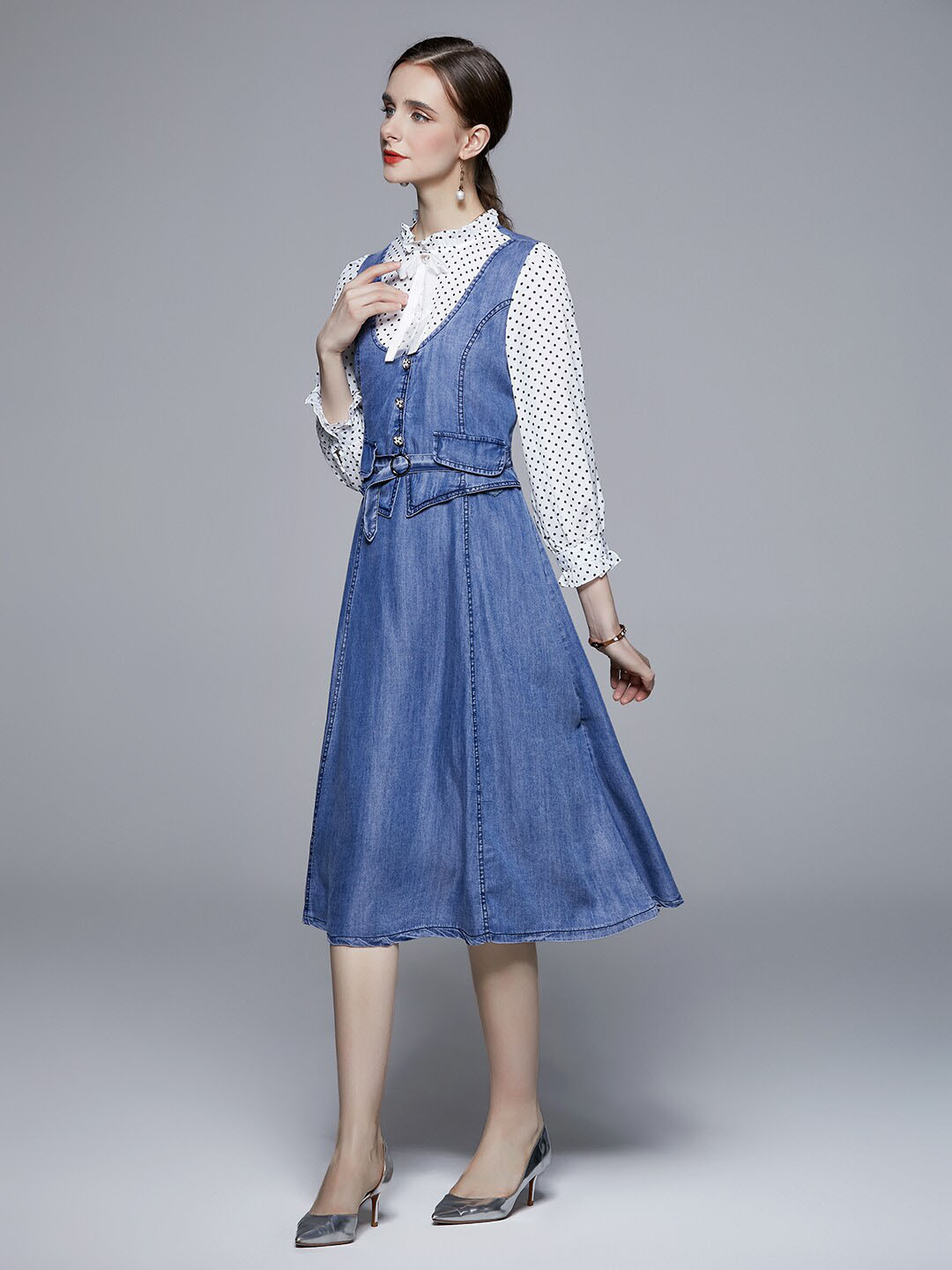 JC Collection Round Neck Polka Dot A-Line Midi Dress
