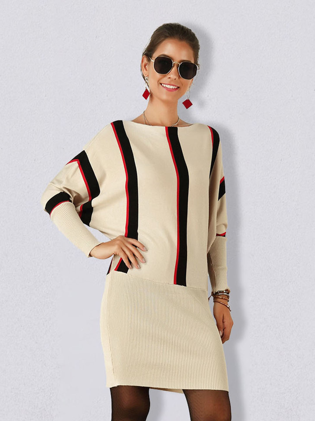 JC Collection Striped Boat Neck Long Sleeves Jumper Dress