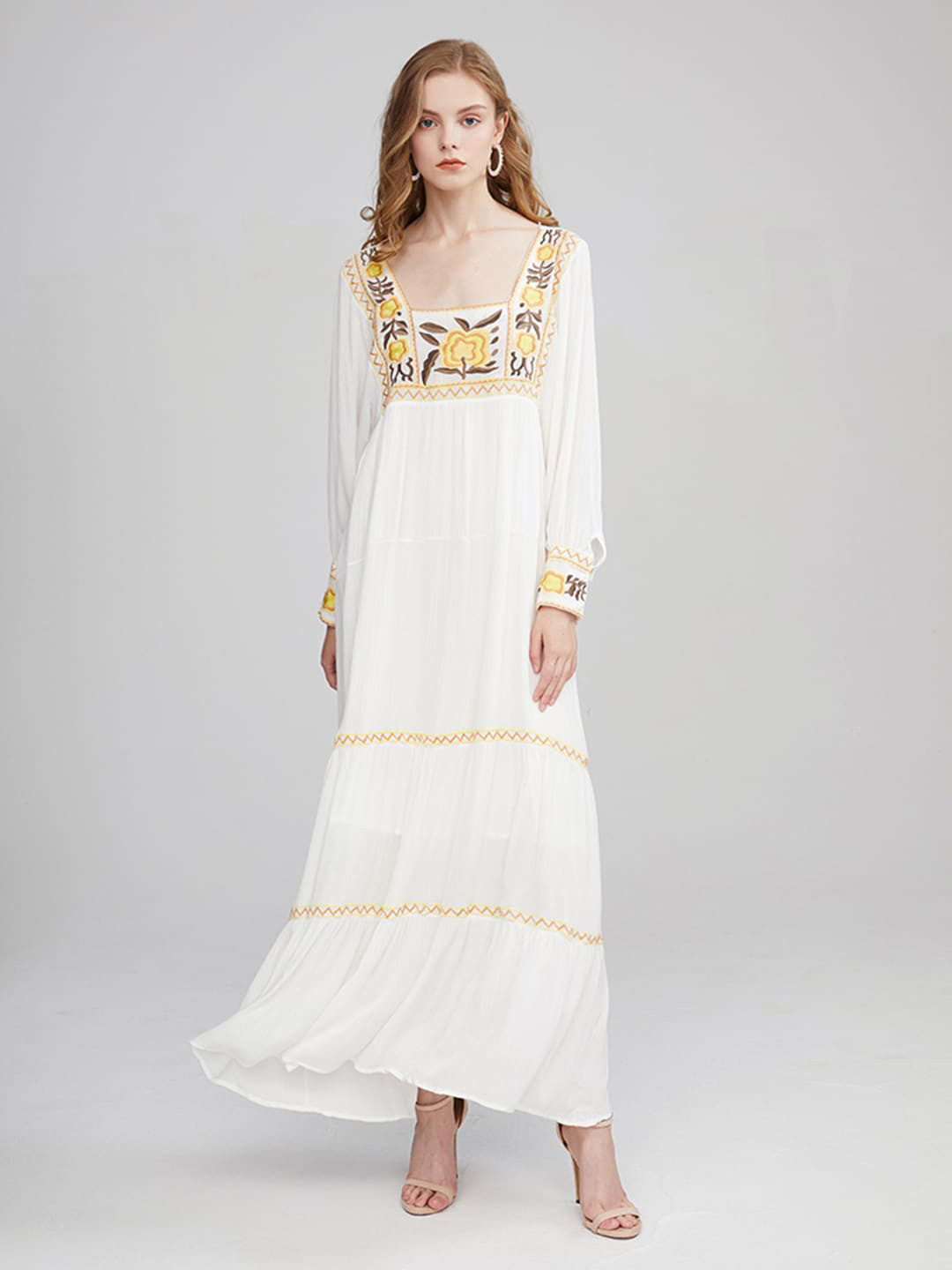 JC Collection Floral Embroidered Tired Pure Cotton Maxi A-line Dress