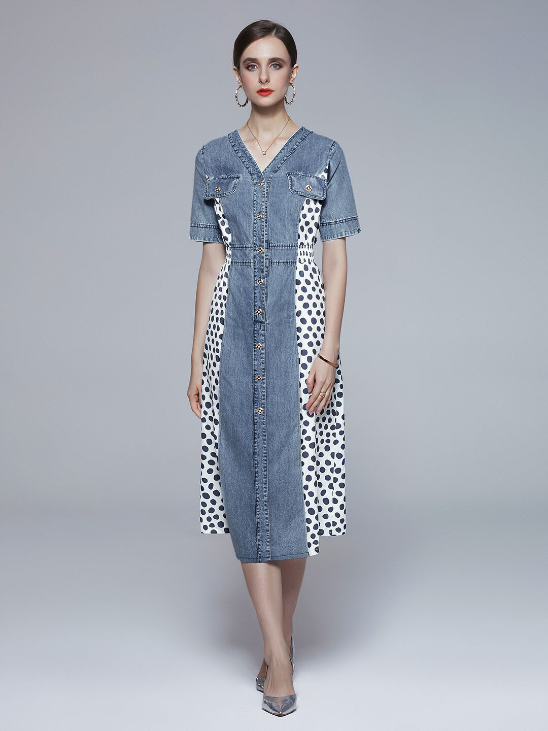 JC Collection Polka Dots Printed V-Neck Midi A-Line Dress