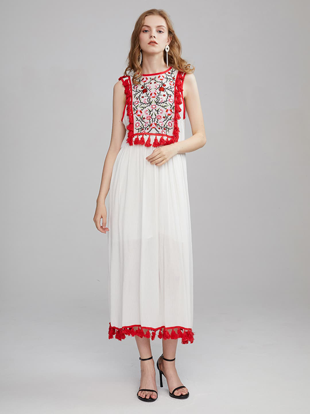 JC Collection Floral Embroidered Sleeveless A-Line Midi Dress With Tassels