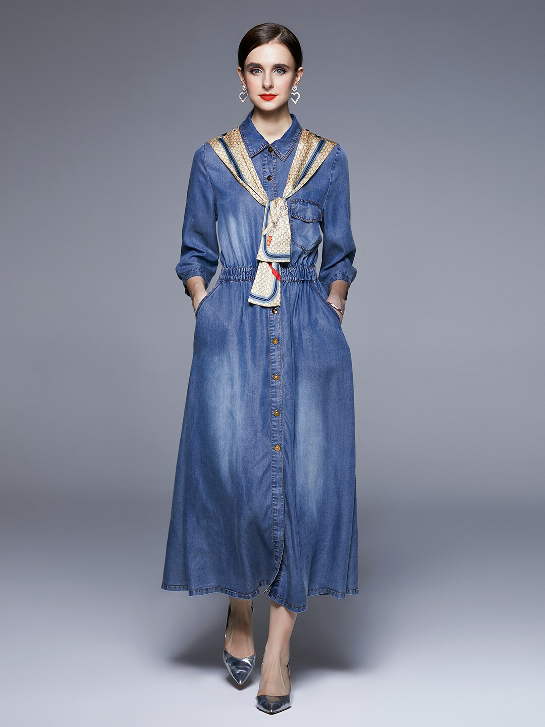 JC Collection Spread Collar Blouson Maxi Dress