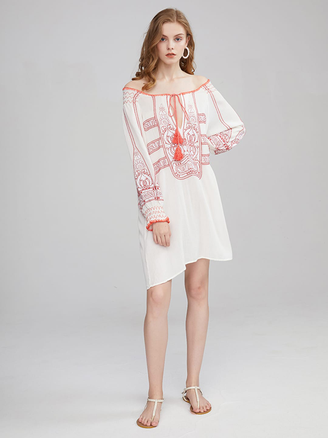 JC Collection Embroidered Off-Shoulder Long Sleeve A-Line Mini Dress