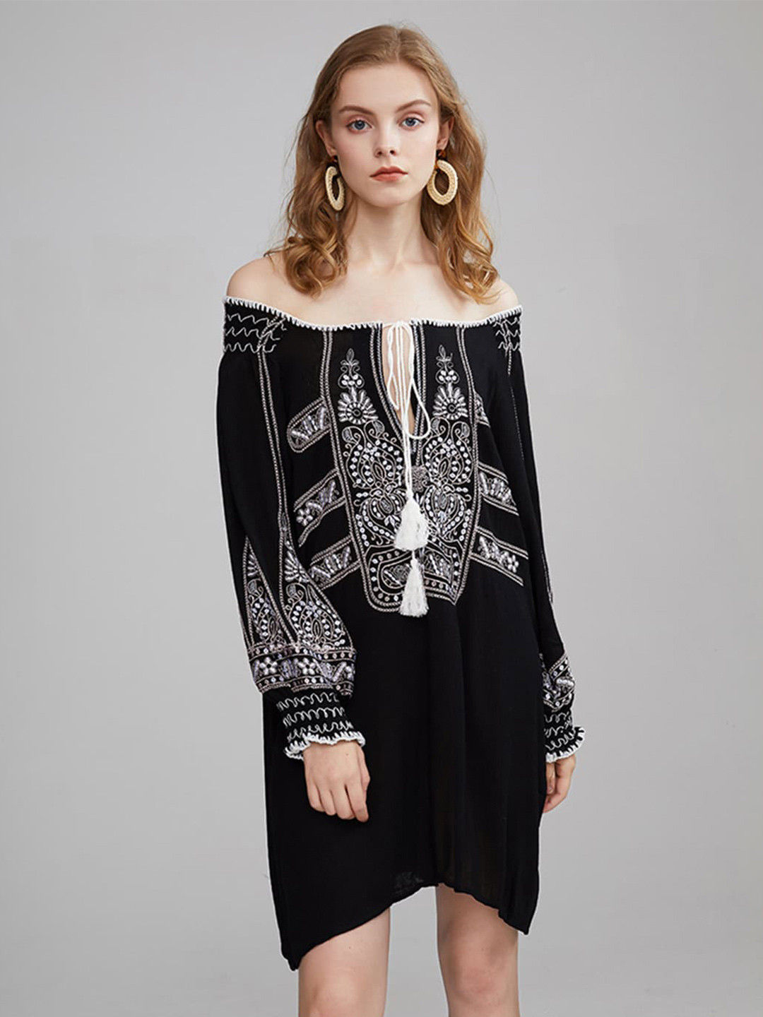 JC Collection Ethnic Motifs Off-Shoulder Tie-Up A-Line Dress