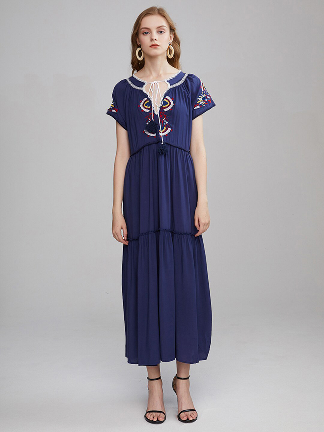 JC Collection Embroidered Cap Sleeve Tie-Up Neck Maxi Dress