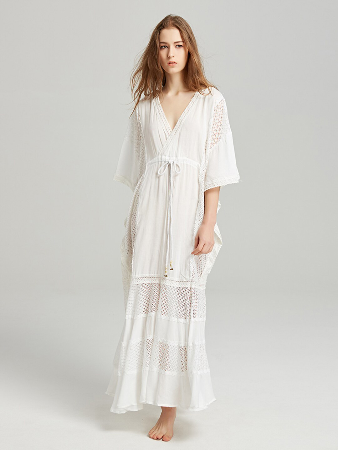 JC Collection V-Neck Meshed Tie Up Detail Kaftan Dress