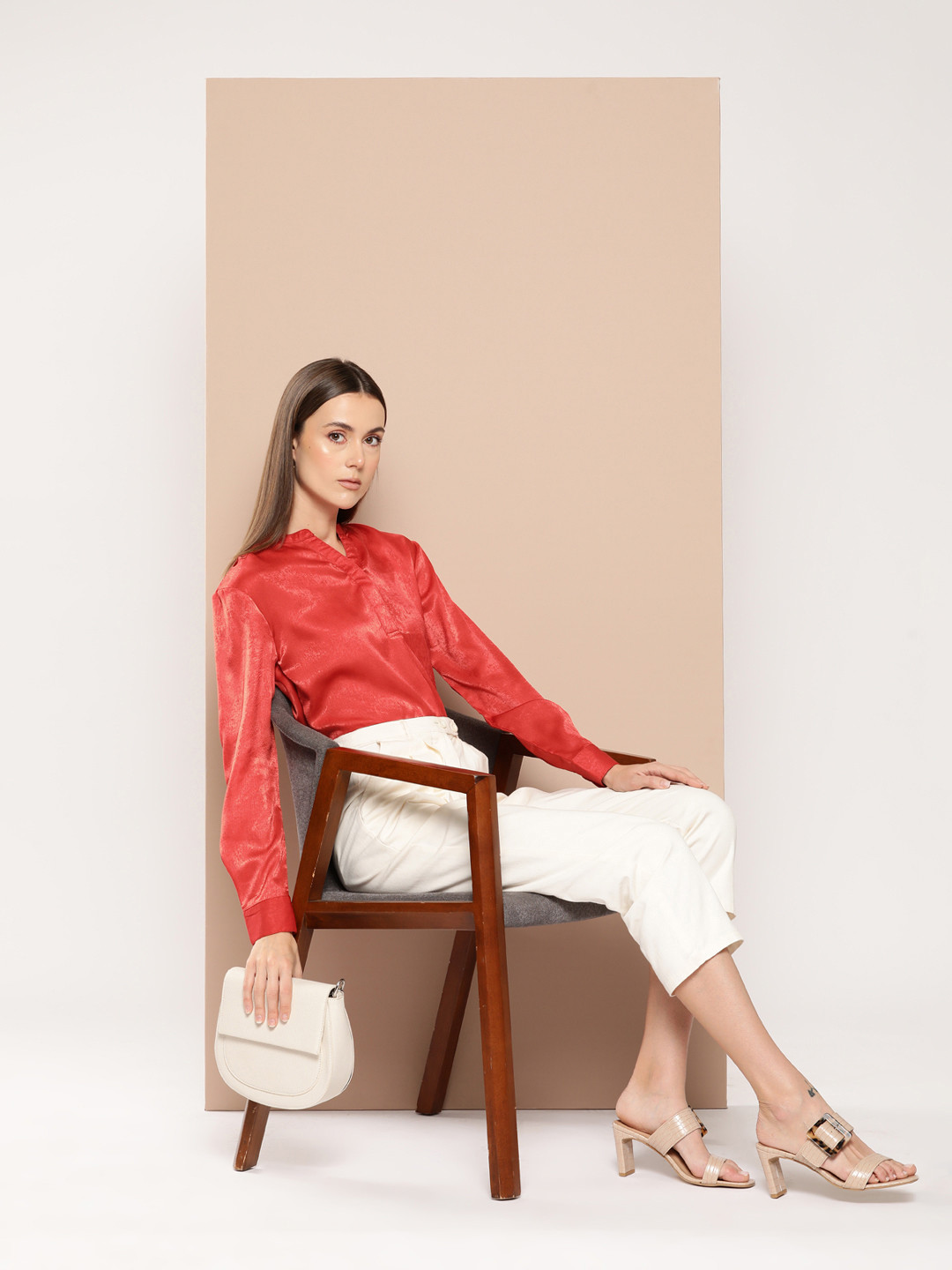 her by invictus Satin Finish Mandarin Collar Shirt Style Top