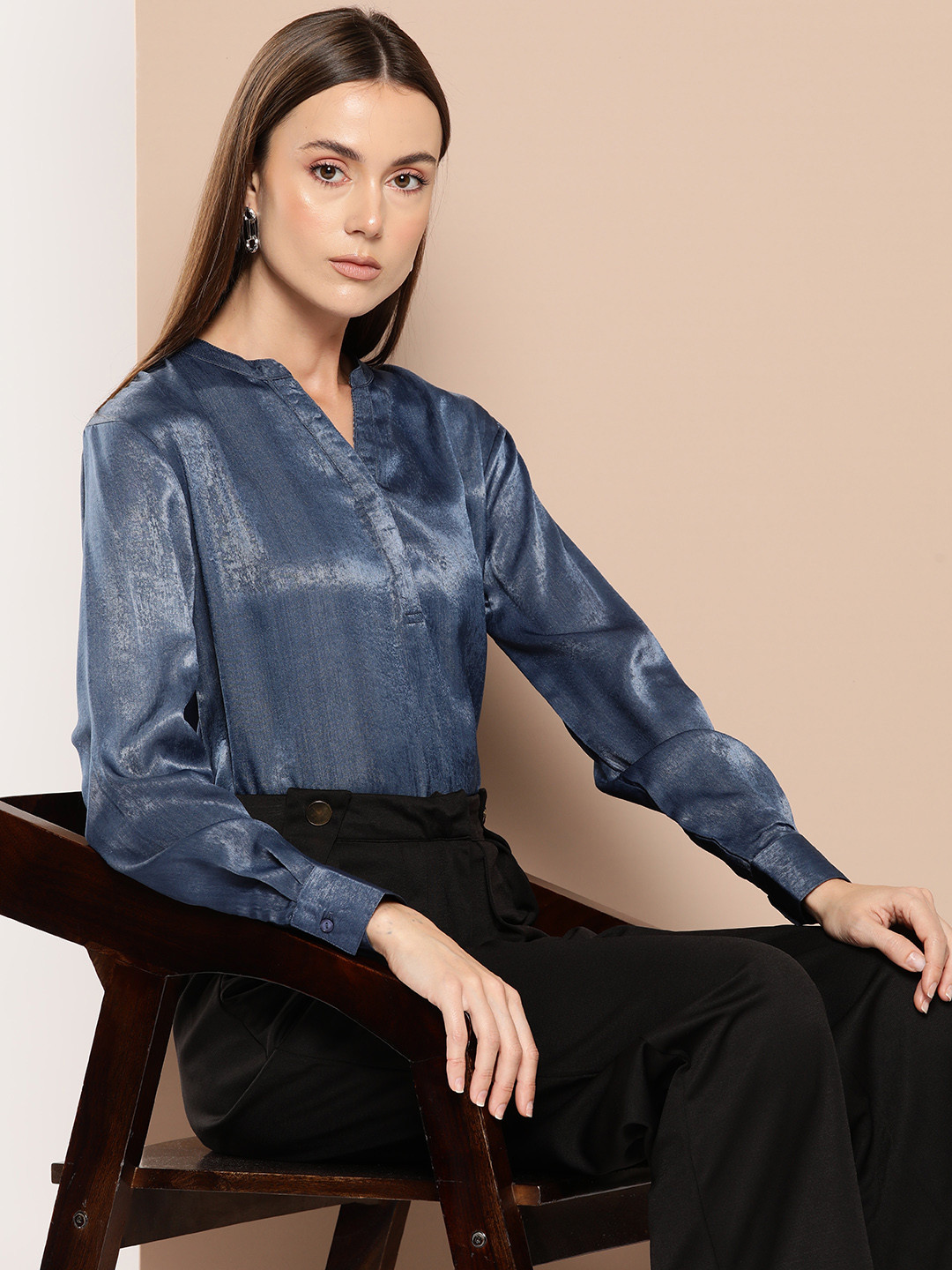 her by invictus Satin Finish Mandarin Collar Shirt Style Top