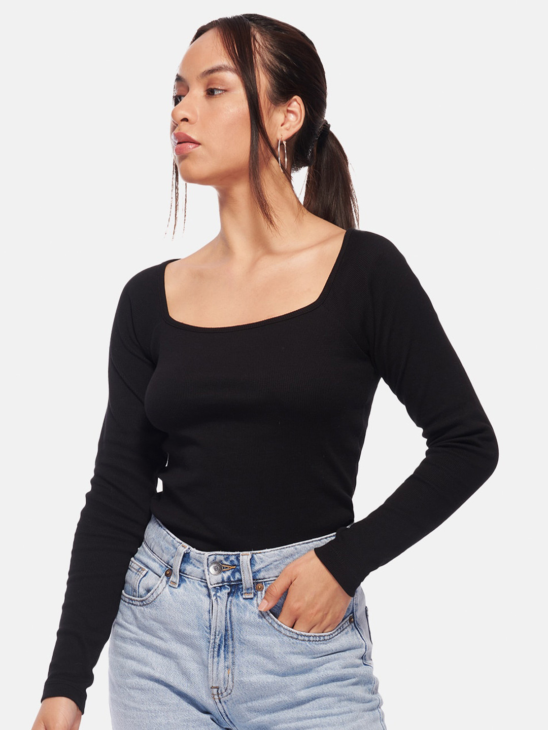 IZF Square Neck Fitted Full Sleeves Cotton Top