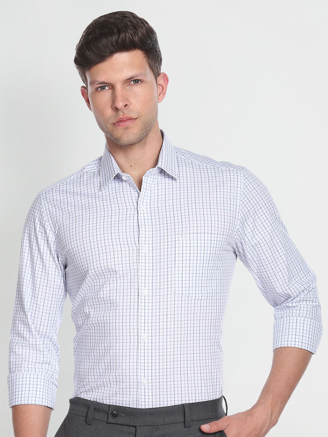 Arrow Long Sleeves Patch Pocket Slim Fit Checked Cotton Formal Shirt