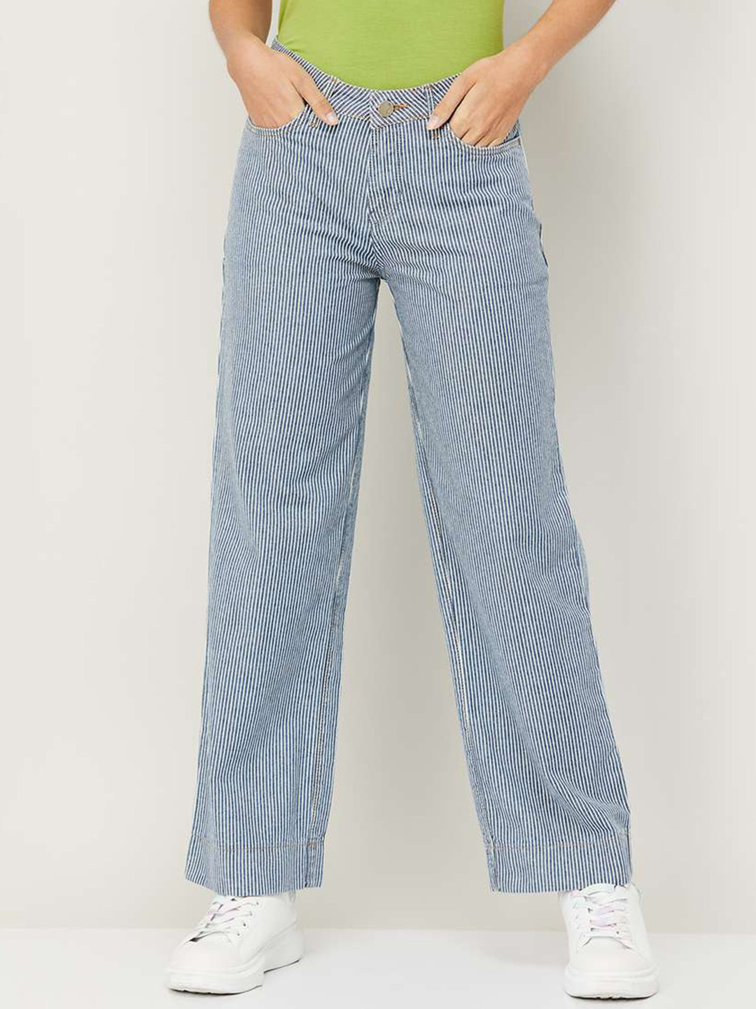 Xpose Women Comfort Striped Wide Leg High-Rise Jeans