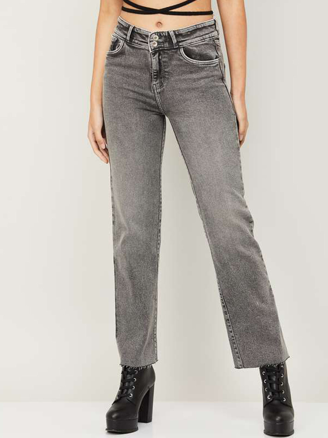 Xpose Women Grey Comfort Wide Leg High-Rise Low Distress Heavy Fade Stretchable Jeans