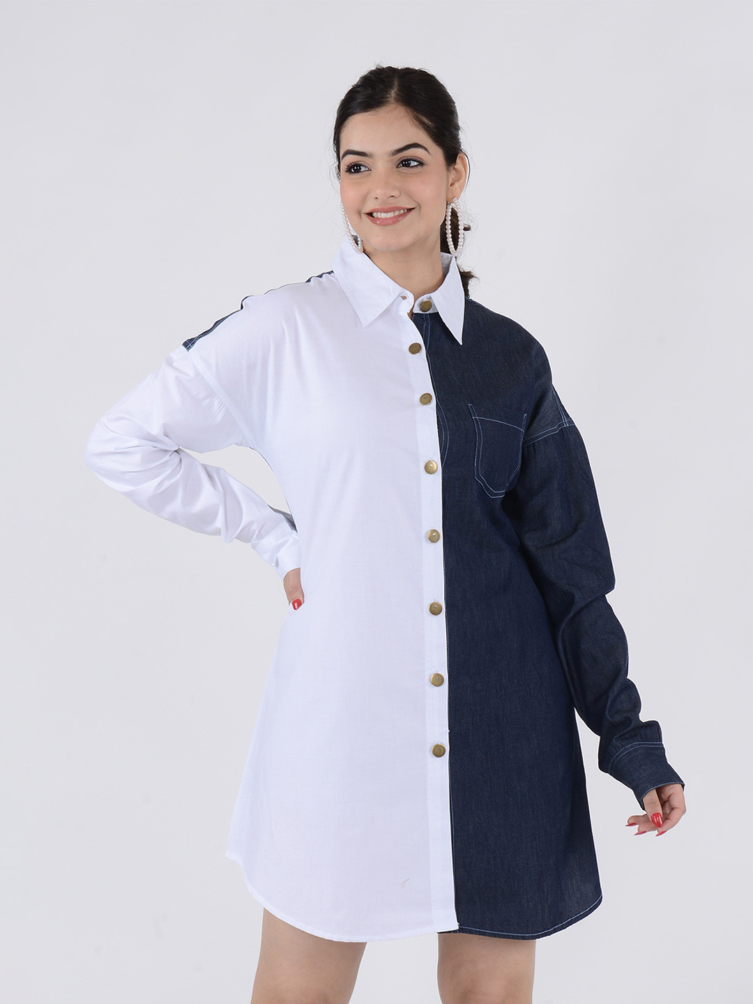 SUMAVI-FASHION Colourblocked Denim Casual Shirt