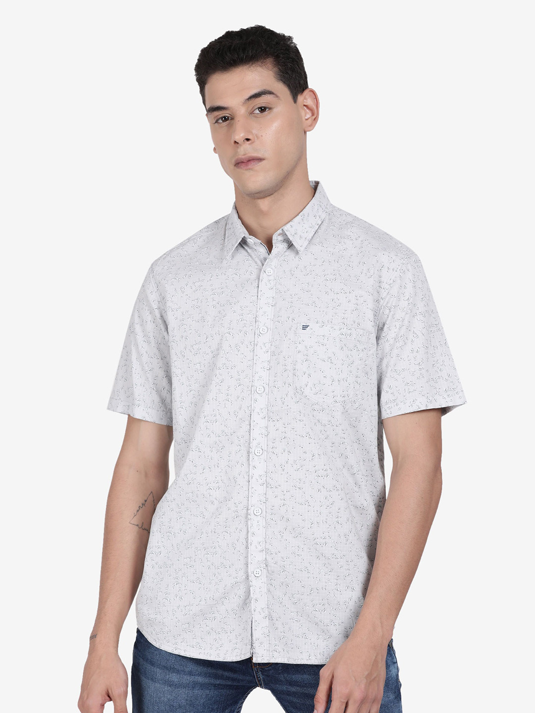 t-base Short Sleeves Patch Pocket Floral Printed Casual Cotton Shirt