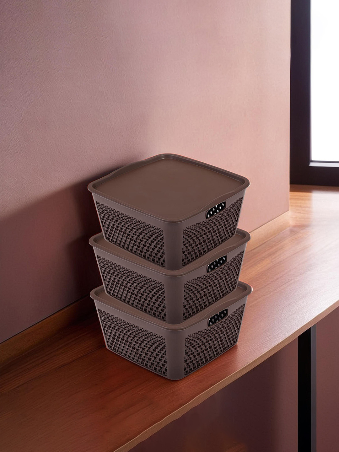 Kuber Industries Brown 3 Pieces Netted Design Square Storage Boxes With Lid